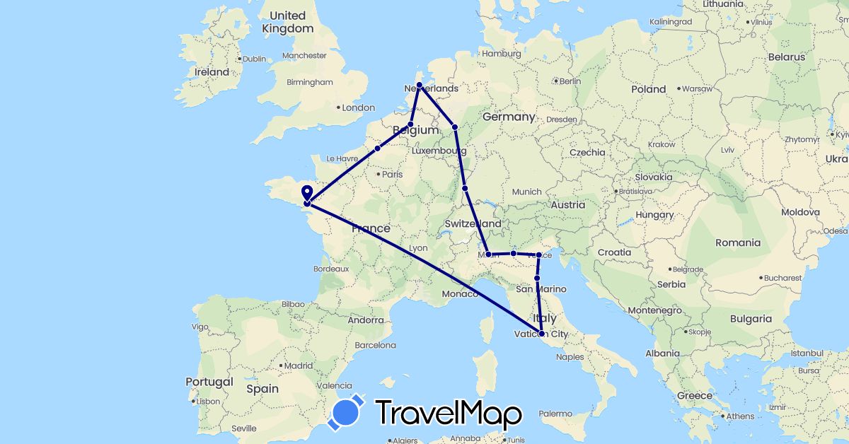 TravelMap itinerary: driving in Belgium, Germany, France, Italy, Netherlands (Europe)